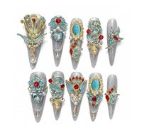 10 Pieces Handmade Press Nails、 Reusable Fake Stilettos Luxurious Gemstone Crystal Design、 Full Cover Adhesive Tape DIY Women's Manicure Tool Kit(Long Ladder(XS))