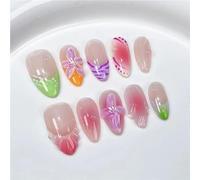 10 Pieces Handmade Press-On False Nails with Medium French Sweet Flowers 3D Nail Stickers Art Pink Almond Hottie Wearable Nail Art(3xs)