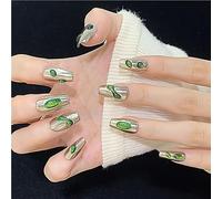 10 Pieces Handmade Press-On French Gem Design False Nails Wearable Full Coverage Women Ladies Green Crystal Decorated False Nail Tips(M)