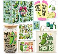 10 Pieces Pickle Gifts for Women, Funny Pickle Lovers Gifts for Women with 16 Oz Glass Cup, Tote Bag, Makeup Bag, Socks, Earrings, Keychain for Pickle Lover Birthday Christmas Mothers Day Gift