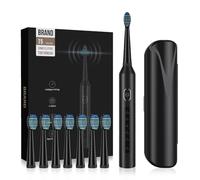 10 Pieces Set Sonic Electric Toothbrush, 5 Modes Waterproof Sonic Cleaning, 8 Soft Brush Heads Portable Case for Couples and Kids Traveling, Camping, Cycling, Hiking (Black)