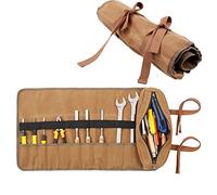 10 Pockets Tool Roll Up Organizer Bag, Heavy Duty 16oz Waxed Canvas Wrench Roll Up Bag With 2 Wrap Straps, Multi-Purpose Tool Pouch For Metric, SAE (Khaki)