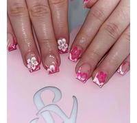 10 Press-On False Nails, Short Square Pink French Tips, Mixed Floral Art | Glossy Full-Cover Finish, Transparent Nude-Toned Bases, Curved Line And Dot Details, For Everyday Wear And Special Occasions