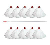 10 Professional Super White Colour Coded Mop Heads and 1 Mop handle (red)