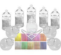 10 Retro Plastic Sweet Jars, 2 Tongs and 50 Candy Stripe Bags (Silver/Grey)