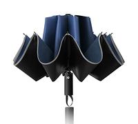 10 Ribs Inverted Folding Umbrella Windproof Travel Portable Reverse Umbrella with Reflective Stripe Auto Open and Close for Women Men Travel Outdoor (Blue)