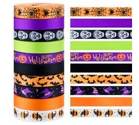 10 Rolls 5 Yards Halloween Ribbons, Colorful Grosgrain Satin Fabric Ribbon Pumpkin Skull Spider Web Bat Orange Purple Craft Ribbons for Halloween DIY Crafts Gift Wrapping Party Decoration