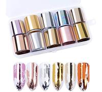 10 Rolls Metallic Color Holographic Nail Foil Transfer Sticker Roll Set, Mwoot Mix-Pattern Nail Art Stickers, Wraps Decals Starry Sky Manicure Kit,Gold, Silver, Rose Gold (1.03inchs*39.37inchs)