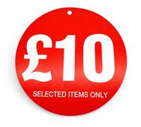 £10 Round Hanger Sale Tags 100mm Red “Selected Items Only” Retail Clothing Hanger Tickets Only, Durable Card Promotional Tags for Coat Hangers & Display Hooks, No String, Pack of 500