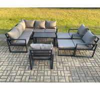 Fimous 10 Seater Aluminium Outdoor Garden Furniture Set Patio Lounge Sofa with Oblong Coffee Table Chair 2 Big Footstools Dark Grey