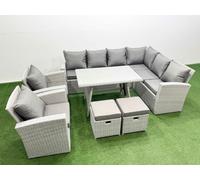 Fimous 10 Seater Garden Outdoor Rattan Furniture Set Rattan Corner Sofa Oblong Dining Table with 2 Armchairs 2 Small Footstools Light Grey Mixed