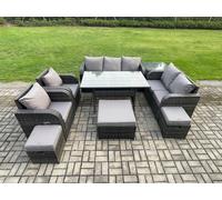 10 Seater Garden Rattan Furniture Dining Table Sofa Set Indoor Outdoor with 2 Reclining Chairs Side Table 3 Footstools Dark Grey Mixed Fimous Dark Grey One Size