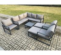 Fimous 10 Seater Outdoor Aluminium Garden Furniture Set Corner Lounge Sofa Set with Square Coffee Table Chair 2 Big Footstools Dark Grey