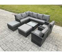 Fimous 10 Seater Outdoor Garden Furniture Set Wicker PE Rattan Corner Sofa Set with Square Coffee Table 2 Big Footstool 2 Armchairs Dark Grey Mixed