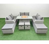 Fimous PE Rattan Lounge Sofa Set 10 Seater Outdoor Garden Furniture Set with Gas Firepit Table Love Sofa 2 Big Footstools Side Table Light Grey