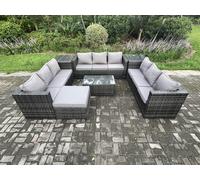 Fimous 10 Seater Outdoor Lounge Sofa Set Wicker PE Rattan Garden Furniture Set with Oblong Coffee Table 2 Side Tables Big Footstool Dark Grey Mixed