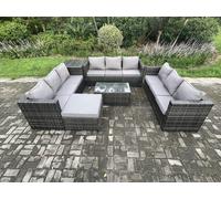 Fimous 10 Seater Outdoor Lounge Sofa Set Wicker PE Rattan Garden Furniture Set with Oblong Coffee Table Side Table Big Footstool Dark Grey Mixed