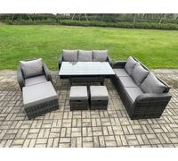 10 Seater Outdoor Rattan Garden Furniture Set Oblong Dining Table and Chairs Set with 3 Seater Sofa 3PC Footstools Dark Grey Mixed Fimous Dark Grey One Size