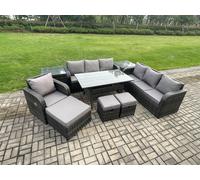 10 Seater Outdoor Rattan Garden Furniture Set Oblong Rectangular Dining Table and Chairs Set with 3 Seater Sofa 3PC Footstools 2 Side Tables Fimous Dark Grey One Size