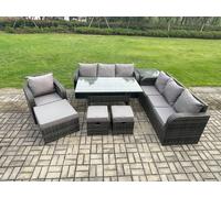 10 Seater Outdoor Rattan Garden Furniture Set Rectangular Dining Table and Chairs Set with 3 Seater Sofa 3PC Footstools Side Table Fimous Dark Grey One Size