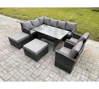 10 Seater Outdoor Rattan Garden Furniture Set with Rectangular Dining Table 2 Big Footstool 2 Armchiars Patio Wicker Fimous Dark Grey One Size