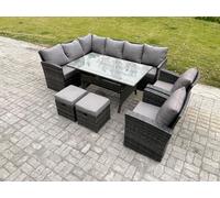 10 Seater Outdoor Rattan Garden Furniture Set with Rectangular Dining Table 2 Small Footstool 2 Armchairs Patio Wicker Fimous Dark Grey One Size