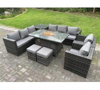 Fimous Rattan Garden Furniture Set with Gas Fire Pit Dining Table, 2 Sofas, 2 Chairs, 2 Small Footstools & Side Table - 10 Seater - Dark Grey