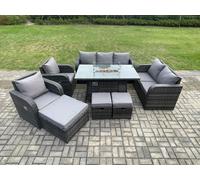 10 Seater PE Wicker Outdoor Rattan Garden Furniture Set Propane Gas Fire Pit Table and Sofa Chair set with 3 Footstools Fimous Dark Grey One Size