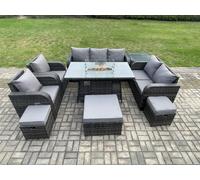 10 Seater PE Wicker Outdoor Rattan Garden Furniture Set Propane Gas Fire Pit Table and Sofa Chair set with 3 Footstools Side Table Fimous Dark Grey One Size