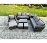 10 Seater Rattan Lounge Sofa Set Outdoor Garden Furniture Set with Rectangular Coffee Table 3 Seater Sofa 3 Footstools Side Table Fimous Dark Grey One Size