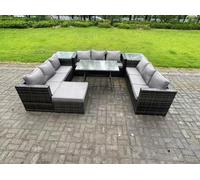 Fimous 10 Seater Wicker PE Rattan Outdoor Furniture Lounge Sofa Garden Dining Set with Dining Table 2 Side Tables Big Footstool Dark Grey Mixed