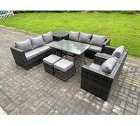Fimous 10 Seater Wicker PE Rattan Outdoor Furniture Lounge Sofa Garden Dining Set with Dining Table Side Table Armchairs 2 Stools Dark Grey Mixed