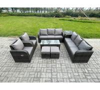 10 Seater Wicker PE Rattan Sofa Set Outdoor Patio Garden Furniture with 2 Reclining Chairs Coffee Table Side Table 2 Small Footstools Fimous Dark Grey One Size