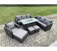 10 Seater Wicker Rattan Garden Furniture Set Gas Fire Pit Dining Table Reclining Chair 3 Seater Sofa Set Indoor Outdoor with 3 Footstools Fimous Dark Grey One Size