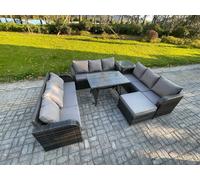 Fimous 10 Seater Wicker Rattan Garden Furniture Set with Rectangular Dining Table Big Footstool Side Table Patio Outdoor Lounge Sofa Set