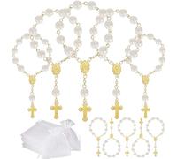 10 Set Baptism Party Favors Mini Rosary Beads Faux Pearls with Organza Bags for Christening Weddings First Communion Party Favors(Gold Rose)
