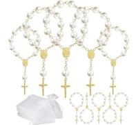 10 Set Baptism Party Favors Mini Rosary Beads Faux Pearls with Organza Bags for Christening Weddings First Communion Party Favors(Gold Pearl)