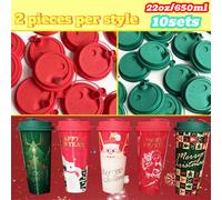 (10 Sets, 22 oz / 650 ml Christmas Collection Mixed Pack) 10-Pack Festive Christmas Coffee Cups with Lids, 17oz Reusable Holiday Tumblers, Leak-Proof, Assorted Santa, Ideal for Christmas