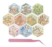 10 Sets 3D House Stickers Kit, 3D Miniature Scene Therapy with 1 Tweezer, 3D House Stickers Collection Book, Fun DIY Stacking Scene Stickers, Stress Relief Sticker Scenes