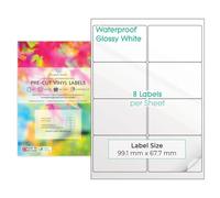 10 Sheets A4 Glossy Vinyl (PVC) White Precut Waterproof Multipurpose Label Self Adhesive Sticker Labels Inkjet Printable (2 x 4, 8 Labels per Sheet, 80 Labels Total)