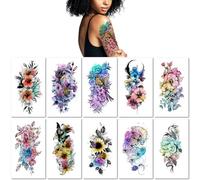 10 Sheets Colorful Floral Temporary Tattoo Stickers For Women Realistic Flower Lion And Snake Half Sleeve Tattoo Stickers