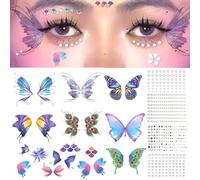 10 Sheets Face Jewels and Butterfly Tattoos Face Stickers,Self Adhesive Pearl Rhinestones Stickers on Face Earrings Hair Butterfly Temporary Tattoos for Festival Accessories Makeup Decorations