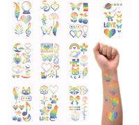 10 Sheets Glitter Rainbow Temporary Tattoos, Butterfly Heart Flower Rainbow Flag Body Art Sticker, Fillers for Girls Party Bags, Premium Temporary Glitter Tattoos