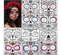 10 Sheets Halloween face temporary tattoos, Day of the Dead Face Tattoos temporary tattoos, sugar skull black skull net red rose tattoos for Halloween costume party carnival party