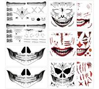 10 Sheets Halloween Scary Face Tattoos for Women Makeup Fake Scars Stitches Bloody Mouth Spider Web Bat Clown Face Temporary Tattoo Stickers Zombie Vampire Make Up for Halloween Cosplay Party