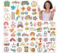 10 Sheets Hippie Temporary Tattoos 70s Waterproof Love Peace Flower Power Smiley Face Rainbow Stickers for Birthday Party Band Festival