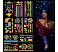 10 Sheets Neon Temporary Tattoo Stickers, Glow UV Neon Body Face Skin Tattoo, Temporary Tattoos Glow in The Dark for Adult Women Girls Teens Rave Party Supplies