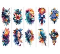 10 Sheets Rose Bird Flower Arm Tattoo Decal Lion Tiger Cat Owl Neck Half Arm Temporary Sticker