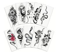 10 Sheets Snake Temporary Tattoos for Men & Women, Realistic Large Fake Tattoo Stickers 21 x 11.5 cm, Waterproof Black Serpent Body Art for Festivals, Halloween, Parties & Fancy Dress (Style 1)