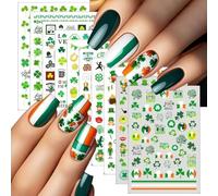 10 Sheets St. Patrick's Nail Art Stickers Green Shamrock 3D Self-Adhesive Four-Leaf Clover Nail Decoration Formal Hat Flag Nail Decals Lucky for Women Irish Spring Summer Design Manicure Decor